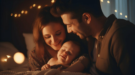 A heartwarming family moment of a parent soothing a baby with gentle, - obrazy, fototapety, plakaty