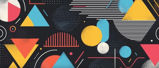Colorful Shapes and Lines on Black Background