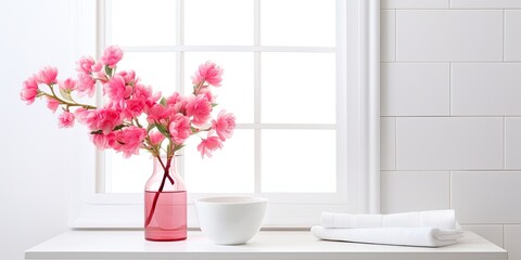 Minimalist bathroom with white tile wall, washstand, towel, toothbrushes, and a vibrant glass vase of pink flowers on a white background.