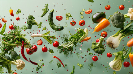 Lots of different vegetables flying in the air on a monotonous green background - obrazy, fototapety, plakaty