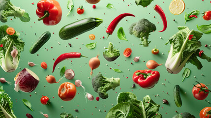 Lots of different vegetables flying in the air on a monotonous green background