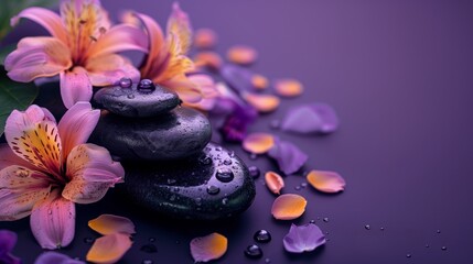 Vibrant Flowers and Rocks on Purple Surface. Generative AI