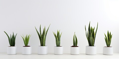 Snake plants, both long and tornado varieties, in small white pots, in a minimalist white room.