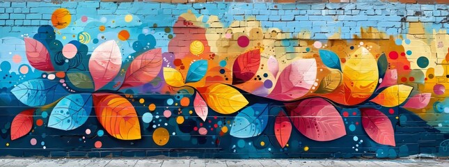 Colorful street art mural featuring stylized leaves and circular patterns on a brick wall.