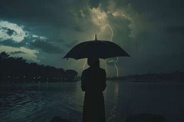 A silhouette of a person holding an umbrella under a lightning storm