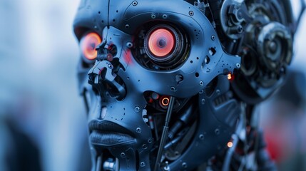 Fototapeta premium Close-Up of a Robot With Red Eyes. Generative AI