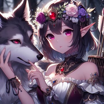 Anime girl elf. Archer with her wolf