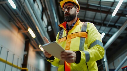 Safety Officer in Yellow Vest Holding Paper. Generative AI