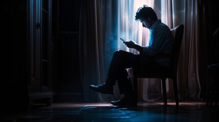 Fototapeta na wymiar Man Sitting in Chair Looking at Cell Phone. Generative AI