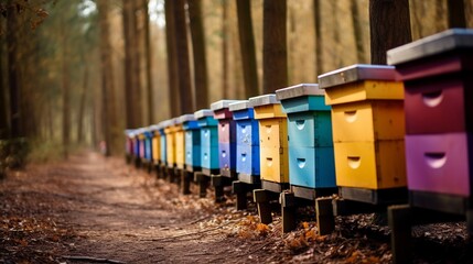 Colorful wooden hives dot the forest landscape, providing shelter for bees amidst the trees.
