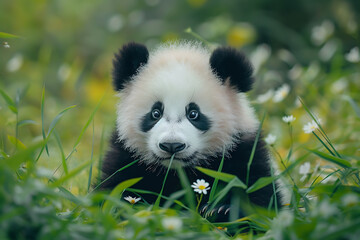 A charming little panda cub explores its bamboo habitat, showcasing adorable behavior and natural cuteness