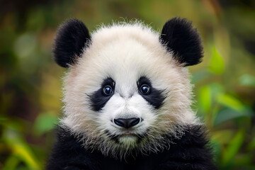 Obraz premium A charming little panda cub explores its bamboo habitat, showcasing adorable behavior and natural cuteness