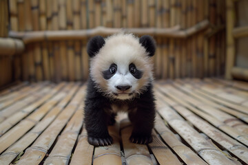 A charming little panda cub explores its bamboo habitat, showcasing adorable behavior and natural cuteness