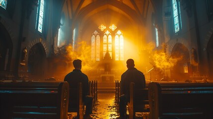Two Men Standing in Front of a Church. Generative AI - obrazy, fototapety, plakaty
