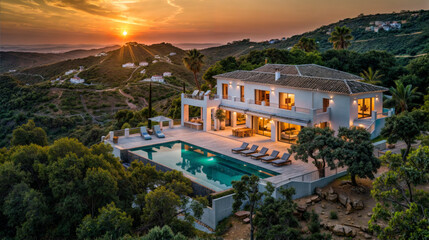 villa confortable et moderne avec piscine et jardin, au sommet d'une colline avec vue sur mer au moment du couché du soleil - obrazy, fototapety, plakaty