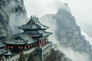 A mountain temple clings to a mist-shrouded peak. Lanterns sway in the breeze, and incense spirals upward.