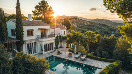 villa confortable et moderne avec piscine et jardin, au sommet d'une colline avec vue sur mer au moment du couché du soleil - obrazy, fototapety, plakaty