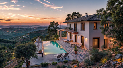 villa confortable et moderne avec piscine et jardin, au sommet d'une colline avec vue sur mer au moment du couché du soleil