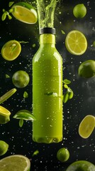 Green Bottle With Limes Falling Out. Generative AI