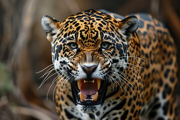 Obraz premium A striking close-up portrait of an angry tiger, showcasing its fierce expression and powerful presence, perfect for conveying strength and intensity in design projects 