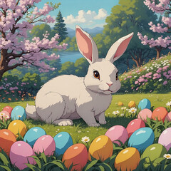 Easter Bunny Amidst Colorful Eggs in a Blossoming Garden