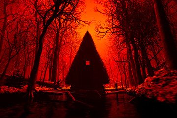 Sinister Red-illuminated Forest With Isolated Cabin At Night