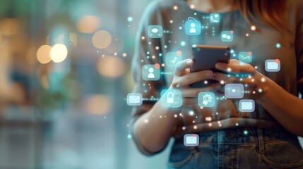 Woman Holding Smart Phone. Generative AI