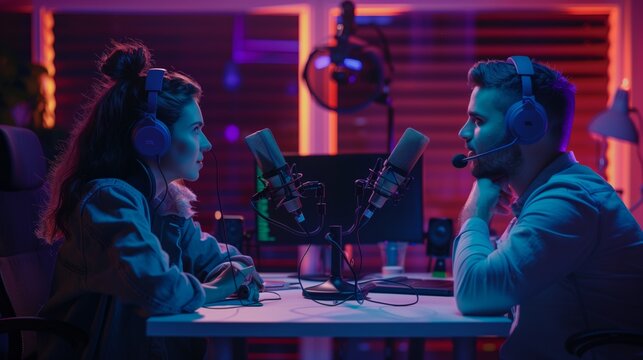 Man and Woman Sitting in Front of Microphone. Generative AI