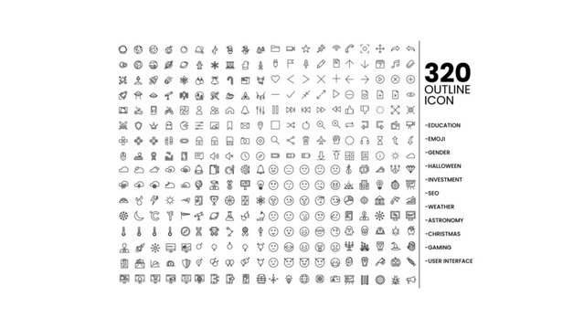 Mega Set Outline Icon Set: Education, Emoji, Gender, Halloween, Investment, SEO, Weather, Astronomy, Christmas, Gaming, User Interface - Vector
