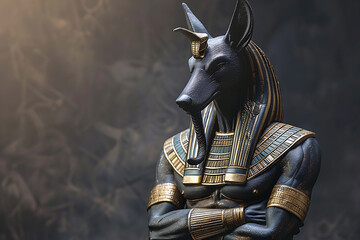 An impressive representation of Anubis, the ancient Egyptian god of the afterlife, depicted with the head of a jackal, symbolizing mummification and the journey into the underworld - obrazy, fototapety, plakaty