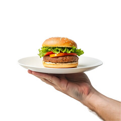 Hand holding a hamburger. isolated on transparent background.
