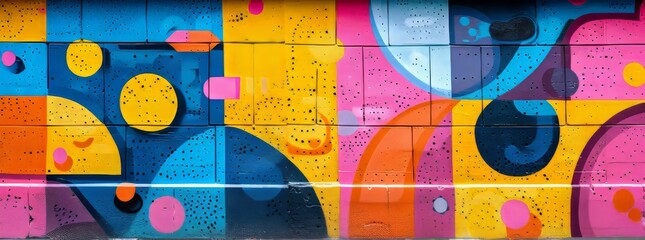 Vibrant street art mural with geometric shapes and bold colors on an urban wall.