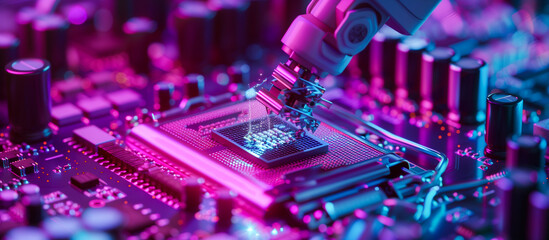 production microchip semiconductor manufacturing concept background - obrazy, fototapety, plakaty