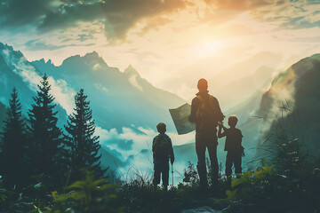 mountain background, family silhouette looking at a map, travelling concept