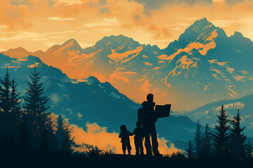 mountain background, family silhouette looking at a map, travelling concept - obrazy, fototapety, plakaty