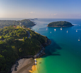 aerial view beautiful blue sky above green sea at Nai Harn beach. .Tourist boats and yachts moored...