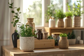Potted herbs and plants bathed in sunlight on a wooden table, To showcase the beauty of indoor gardening and the warmth of natural light in home decor