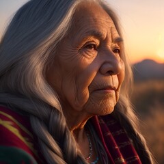 Native-american old woman. Chaman. Medicine woman. Senior lady.