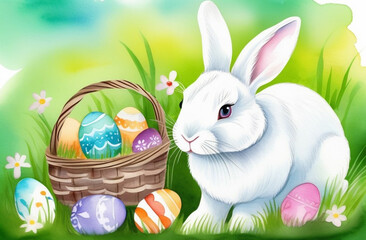 A painted white rabbit with an Easter basket with painted eggs