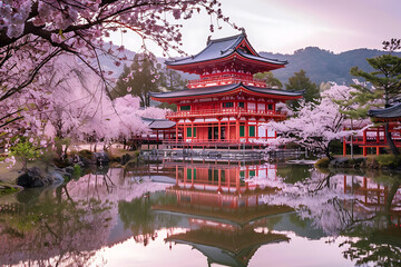 Fototapeta premium Sakura blossoms, iconic symbols of Japan, blooming in delicate pink hues, evoking serenity and beauty amidst springtime landscapes