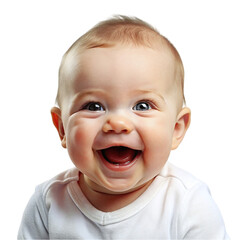 Cute baby boy looking at camera and laughing, isolated on transparent background