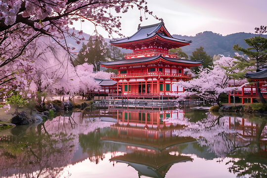 Sakura blossoms, iconic symbols of Japan, blooming in delicate pink hues, evoking serenity and beauty amidst springtime landscapes