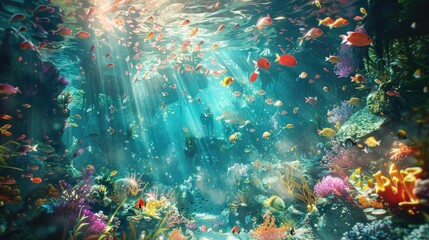 Fototapeta na wymiar Vibrant Underwater Ocean Scene with Colorful Fish and Coral Reef, To showcase the stunning beauty and diversity of marine life in a unique and