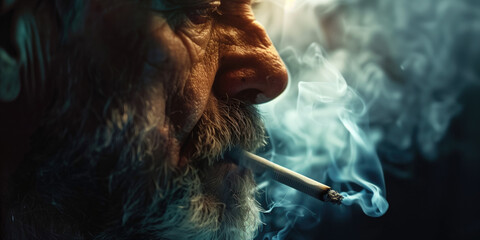 Close-up of a bearded senior man deeply inhaling from a cigarette, with smoke swirling around him - obrazy, fototapety, plakaty