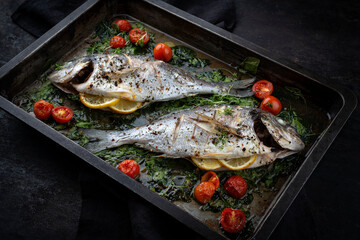 Two fresh steamed gilthead seabreams with tomatoes and lettuce served as close-up in a rustic...