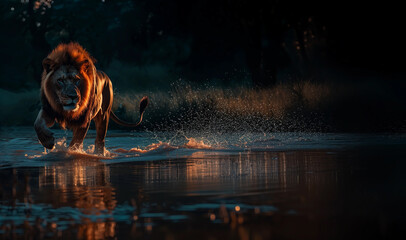 Beautiful lion walking along the river