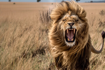 Angry lion in the savannah