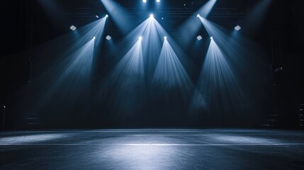 stage light lighting device with colored spotlights and smoke, concert and theater stage concept