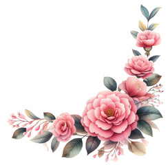 Corner floral frame, vignette, spring roses, camellia, boho style. Watercolor flowers isolated on a transparent background