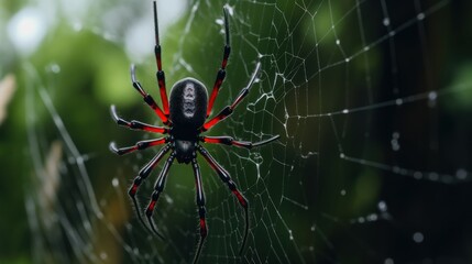 Spider on spider web in the forest. Close-up. Wildlife Concept with Copy Space. 